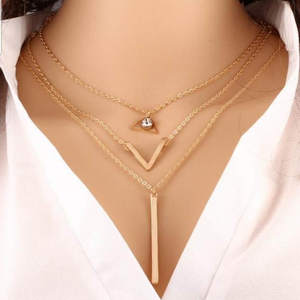 Gold Layered Geometric Pendant Necklace –  V Layering Jewelry - Picture 2 of 6